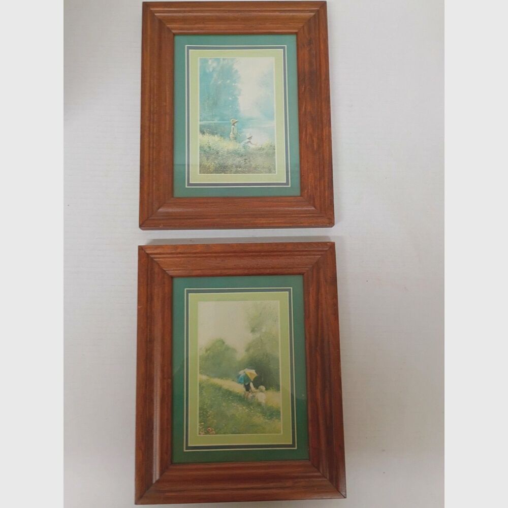 Vintage Adolf Sehring Framed Lithograph Prints Pair Spring Showers & Picking Dai
